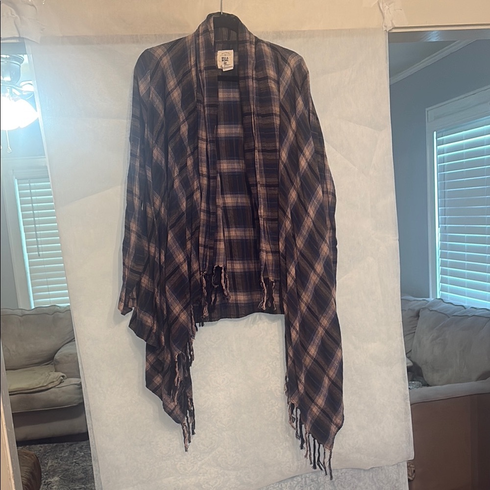 Billabong Brown and Blue Plaid Cape with Waterfall Hem
